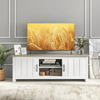 Mueble de TV estilo rústico en blanco y marrón grisáceo con gabinetes para televisores de hasta 65"