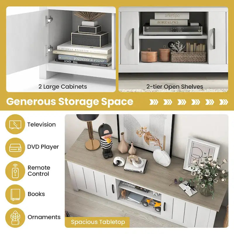 Mueble de TV estilo rústico en blanco y marrón grisáceo con gabinetes para televisores de hasta 65"
