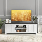 Mueble de TV estilo rústico en blanco y marrón grisáceo con gabinetes para televisores de hasta 65"