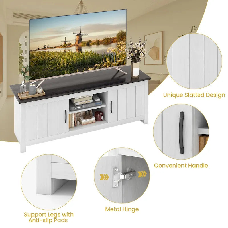 Mueble de TV estilo rústico en blanco y marrón grisáceo con gabinetes para televisores de hasta 65"