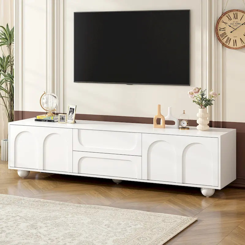 Mueble de TV arqueado blanco con 2 armarios y 2 cajones, compatible con televisores de hasta 75"