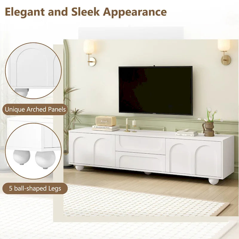 Mueble de TV arqueado blanco con 2 armarios y 2 cajones, compatible con televisores de hasta 75"