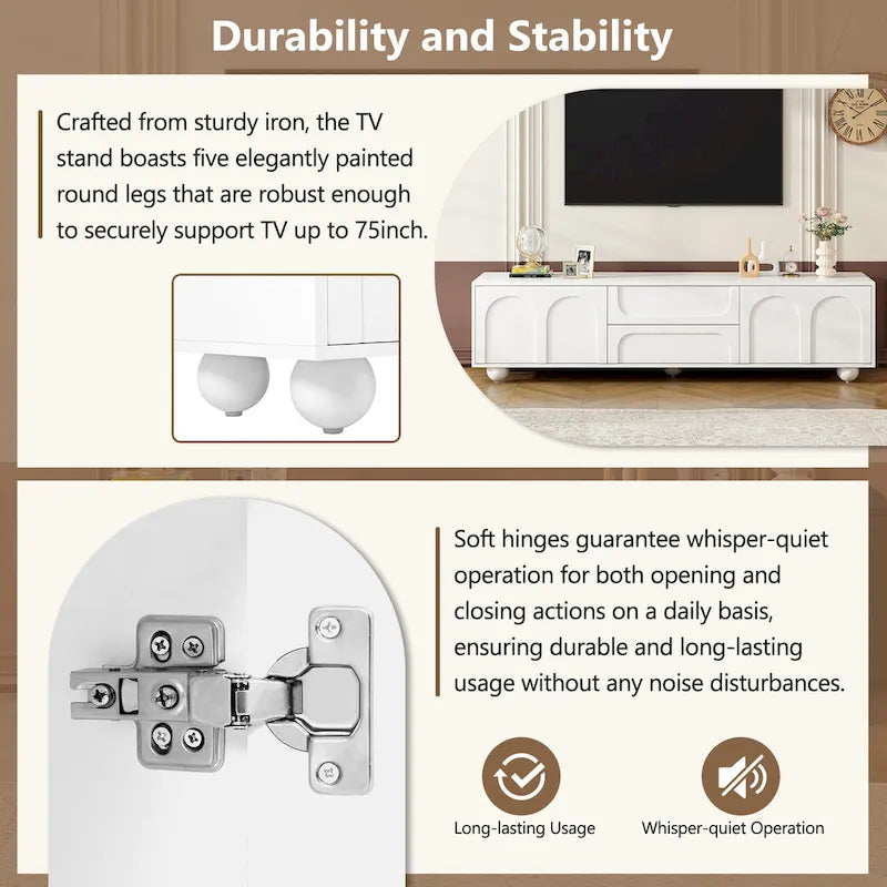 Mueble de TV arqueado blanco con 2 armarios y 2 cajones, compatible con televisores de hasta 75"