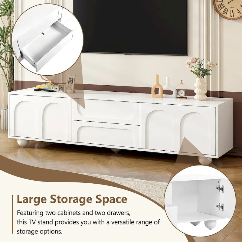 Mueble de TV arqueado blanco con 2 armarios y 2 cajones, compatible con televisores de hasta 75"