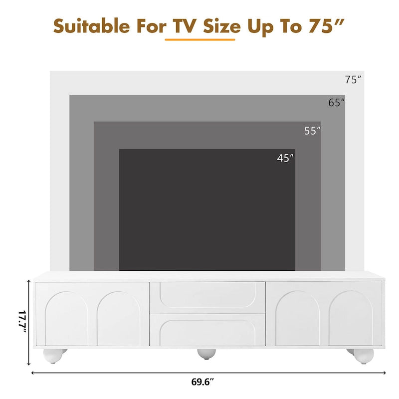 Mueble de TV arqueado blanco con 2 armarios y 2 cajones, compatible con televisores de hasta 75"