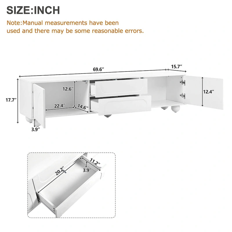 Mueble de TV arqueado blanco con 2 armarios y 2 cajones, compatible con televisores de hasta 75"