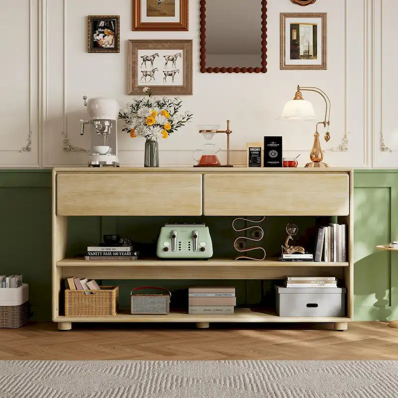 Mesa consola de madera natural lavada de 2 cajones con estantes