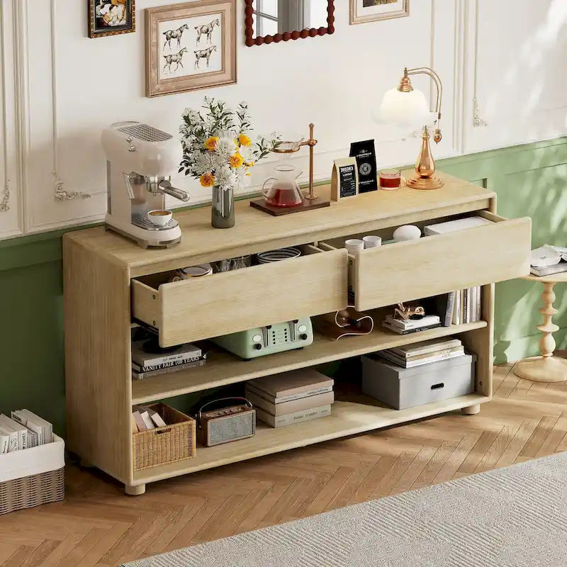 Mesa consola de madera natural lavada de 2 cajones con estantes