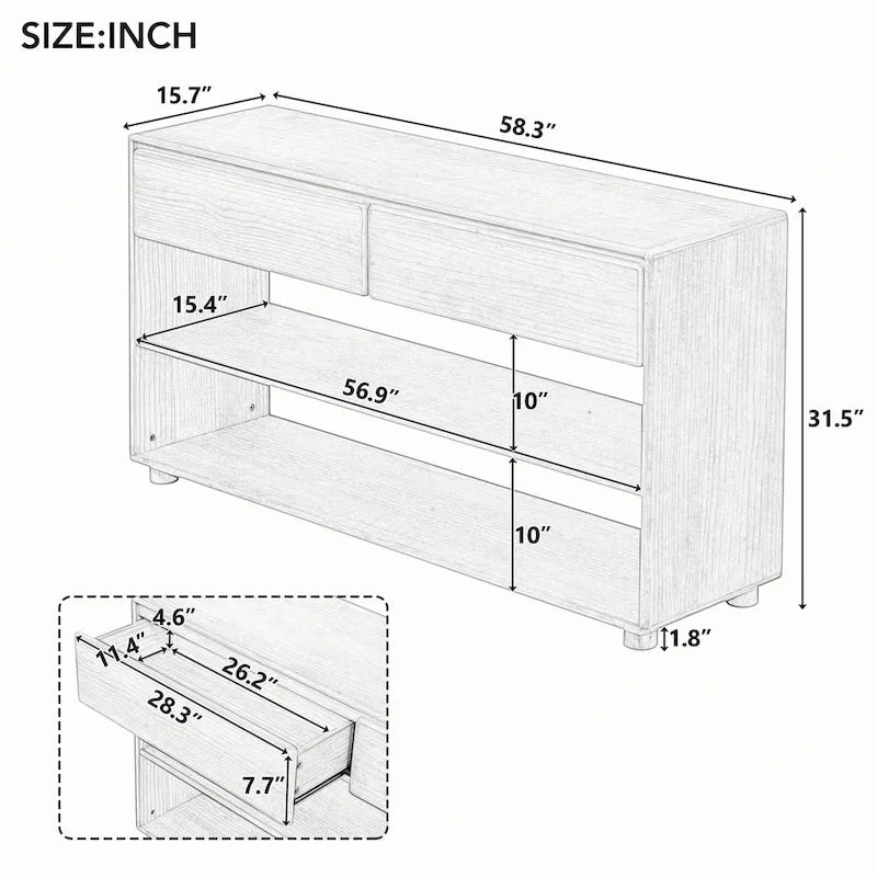Mesa consola de madera natural lavada de 2 cajones con estantes