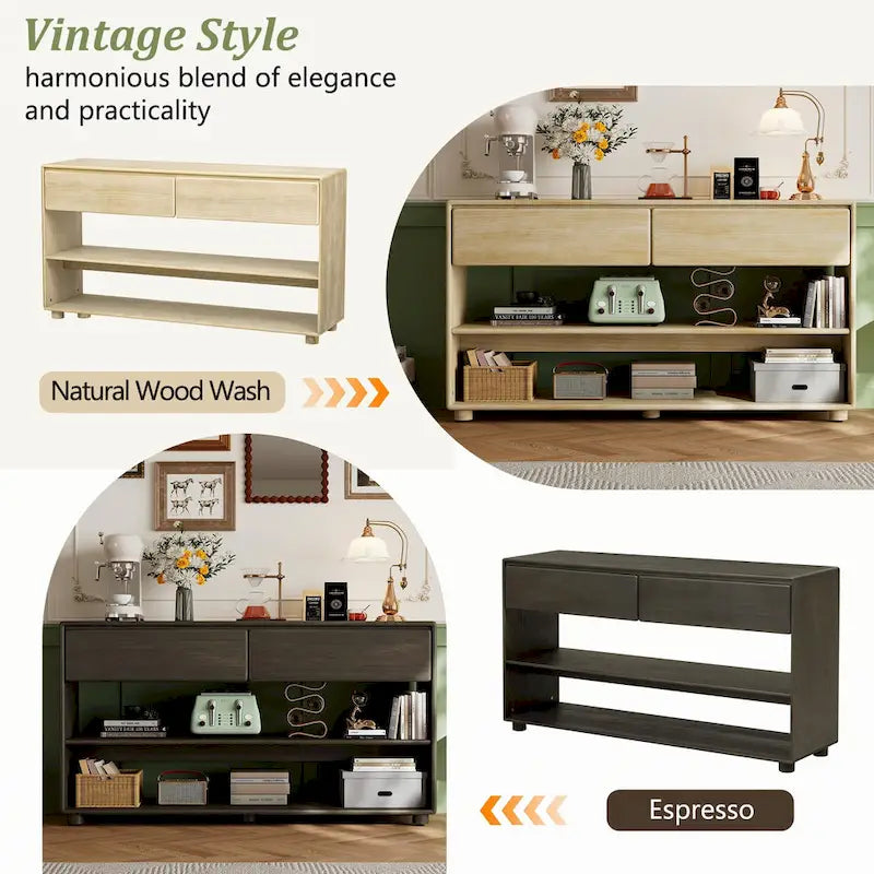 Mesa consola de madera natural lavada de 2 cajones con estantes