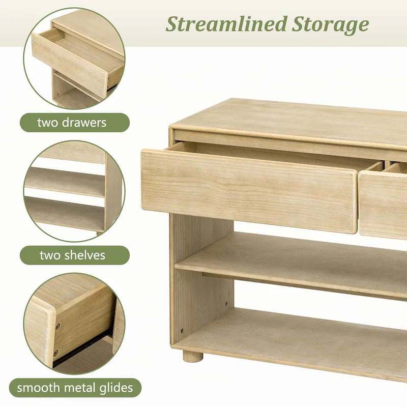 Mesa consola de madera natural lavada de 2 cajones con estantes