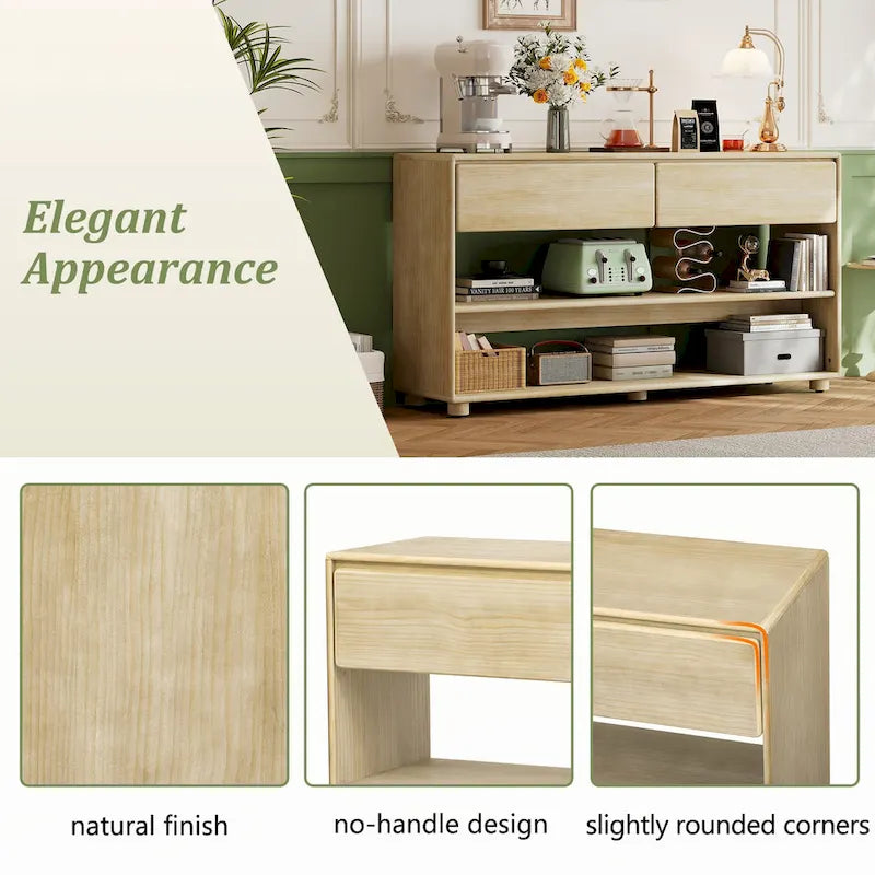 Mesa consola de madera natural lavada de 2 cajones con estantes