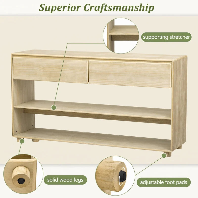 Mesa consola de madera natural lavada de 2 cajones con estantes