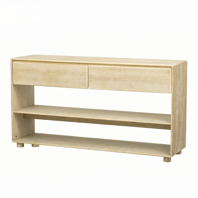 Mesa consola de madera natural lavada de 2 cajones con estantes