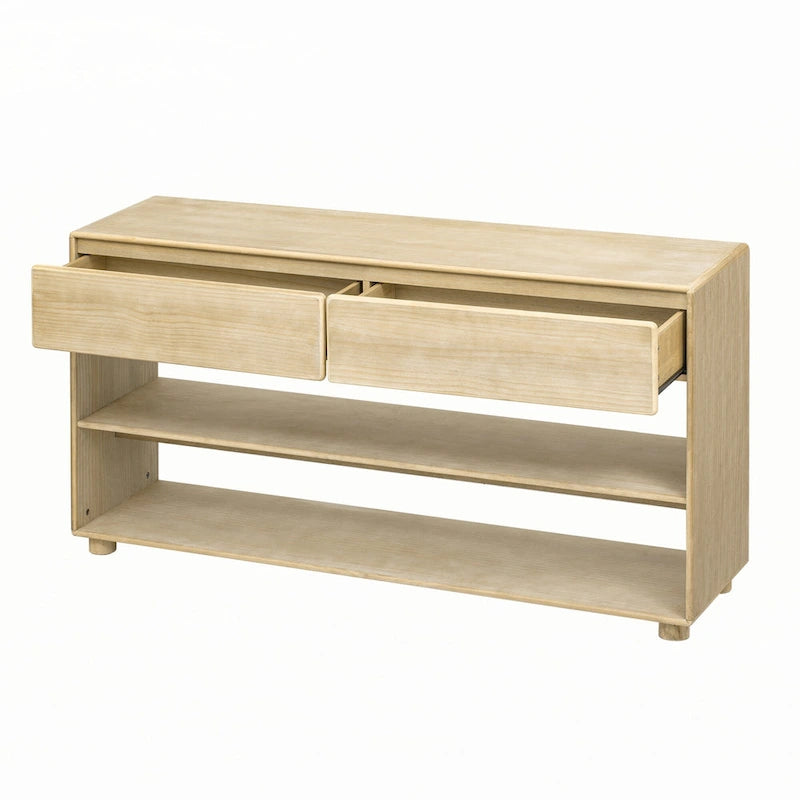 Mesa consola de madera natural lavada de 2 cajones con estantes