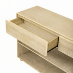 Mesa consola de madera natural lavada de 2 cajones con estantes