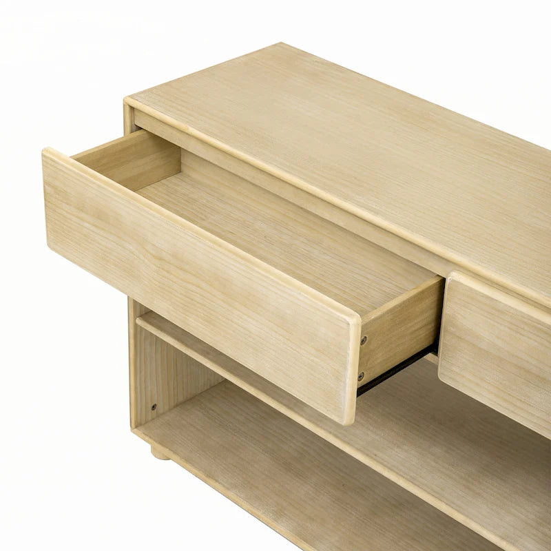 Mesa consola de madera natural lavada de 2 cajones con estantes