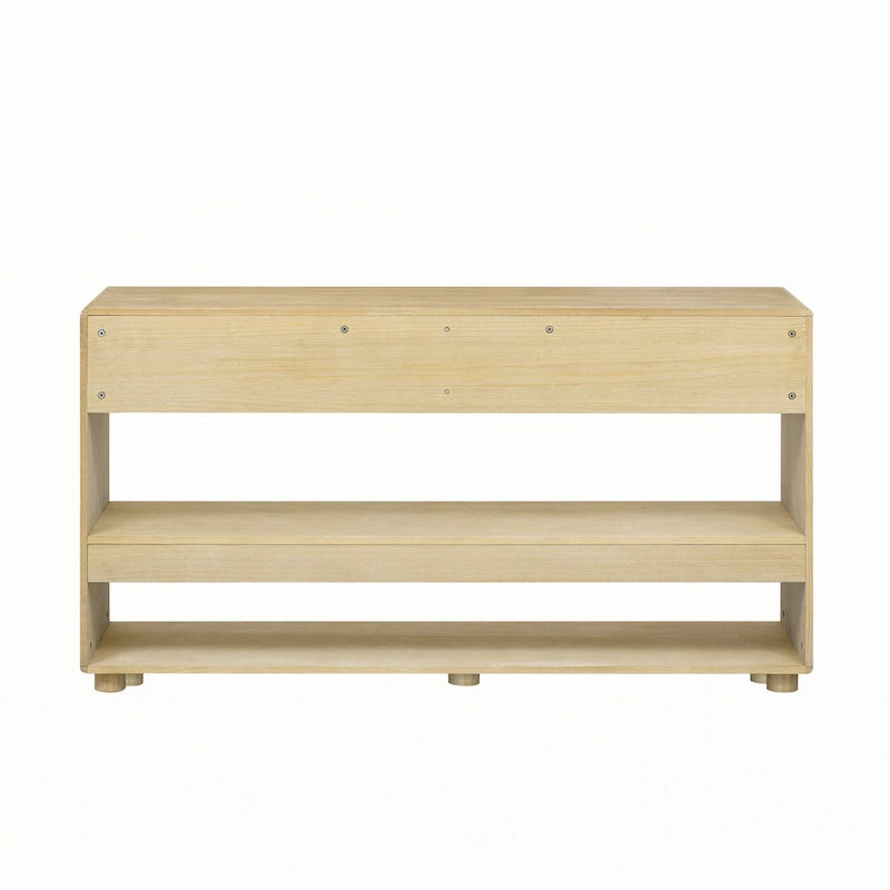 Mesa consola de madera natural lavada de 2 cajones con estantes