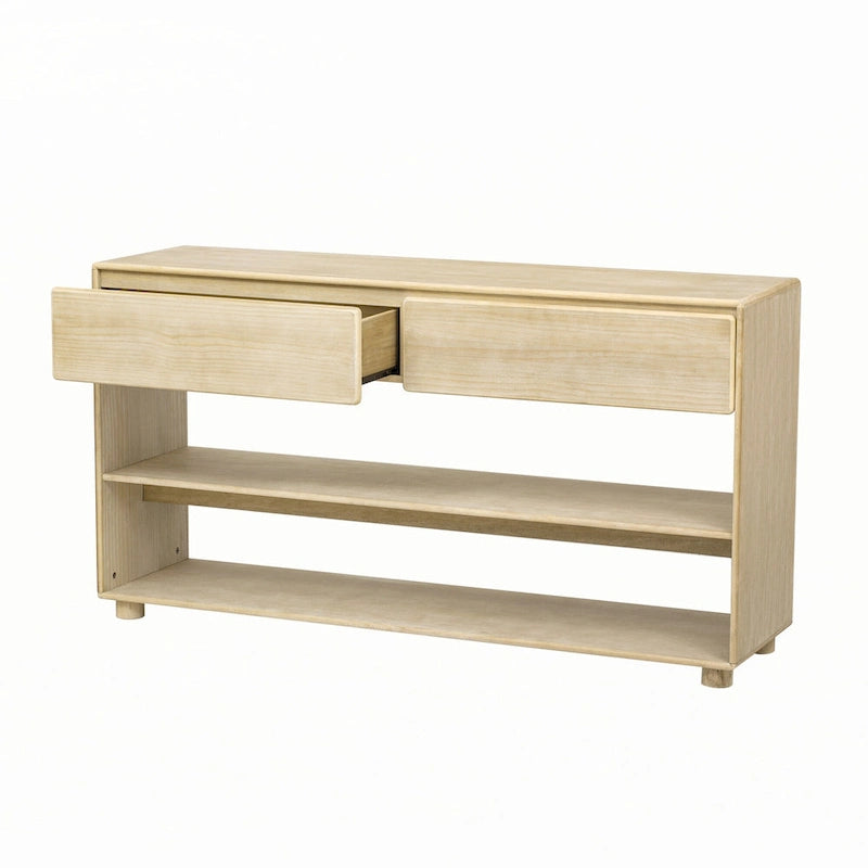 Mesa consola de madera natural lavada de 2 cajones con estantes