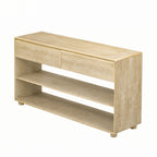 Mesa consola de madera natural lavada de 2 cajones con estantes