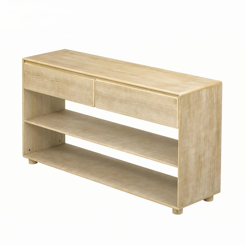 Mesa consola de madera natural lavada de 2 cajones con estantes