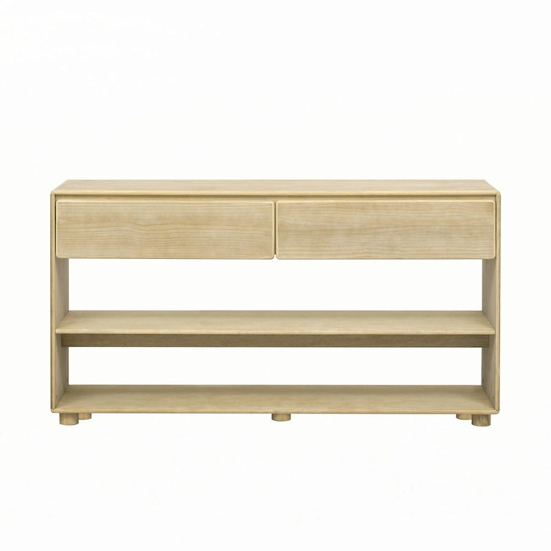 Mesa consola de madera natural lavada de 2 cajones con estantes