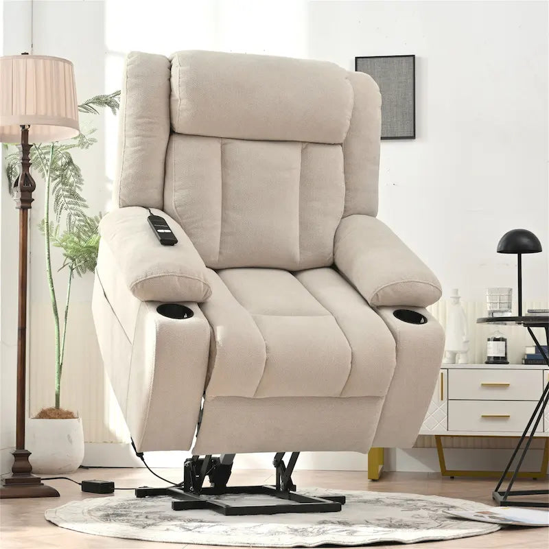 Sillón reclinable elevador eléctrico de terciopelo blanco/gris con copo de nieve y reposapiés extendido – Individual
