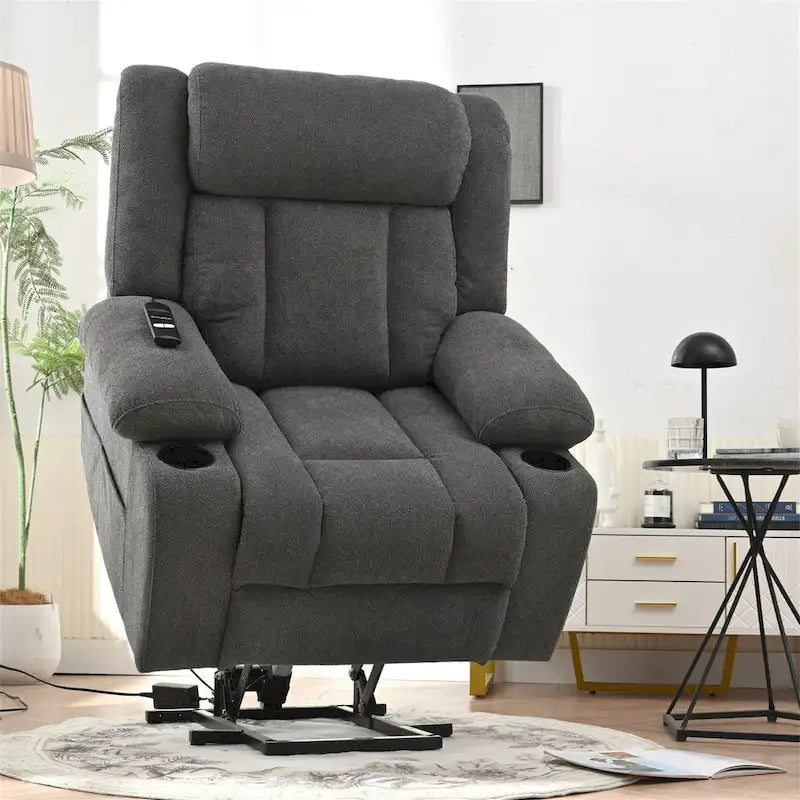 Sillón reclinable elevador eléctrico de terciopelo blanco/gris con copo de nieve y reposapiés extendido – Individual