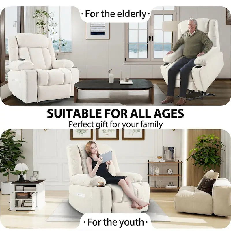 Sillón reclinable elevador eléctrico de terciopelo blanco/gris con copo de nieve y reposapiés extendido – Individual