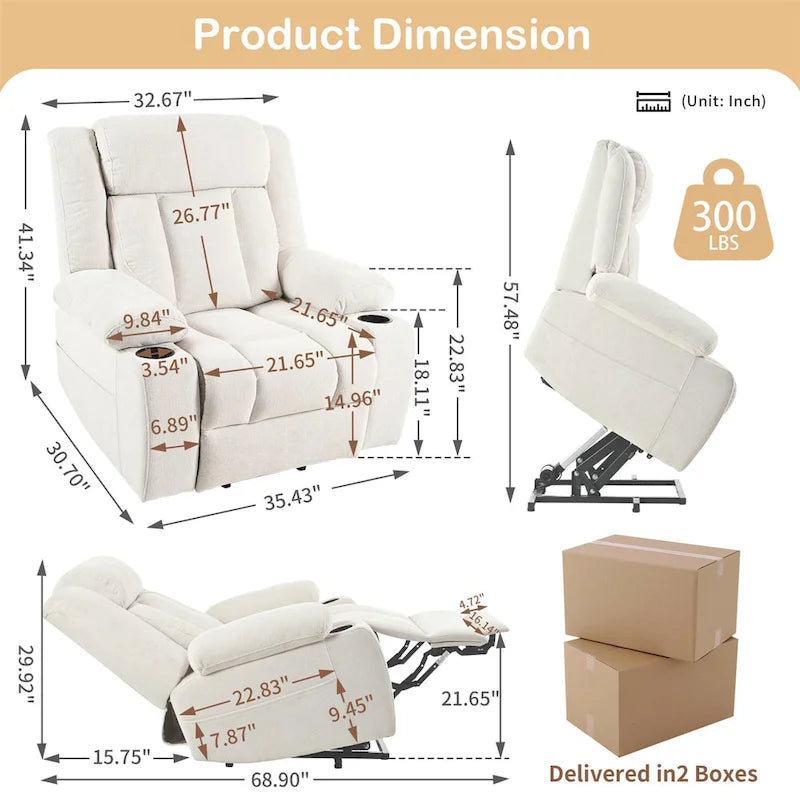Sillón reclinable elevador eléctrico de terciopelo blanco/gris con copo de nieve y reposapiés extendido – Individual