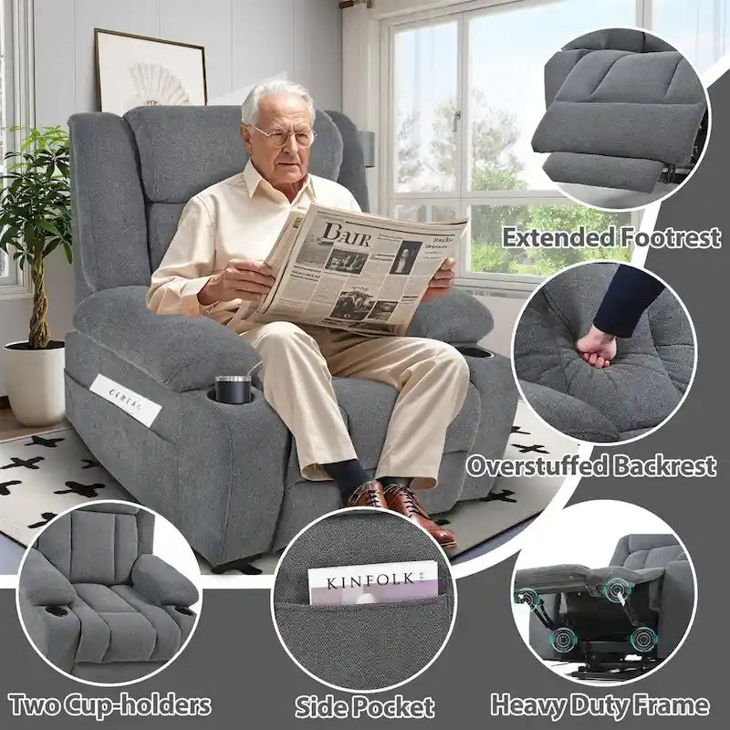 Sillón reclinable elevador eléctrico de terciopelo blanco/gris con copo de nieve y reposapiés extendido – Individual