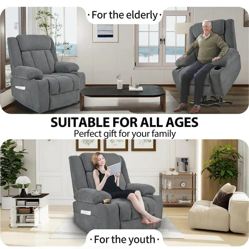 Sillón reclinable elevador eléctrico de terciopelo blanco/gris con copo de nieve y reposapiés extendido – Individual