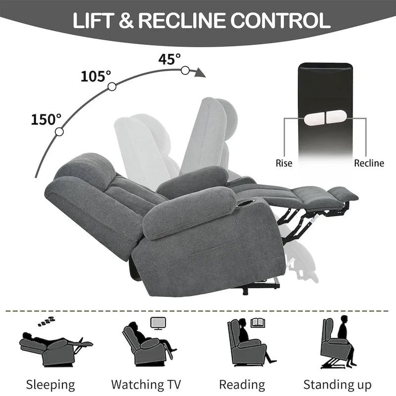 Sillón reclinable elevador eléctrico de terciopelo blanco/gris con copo de nieve y reposapiés extendido – Individual