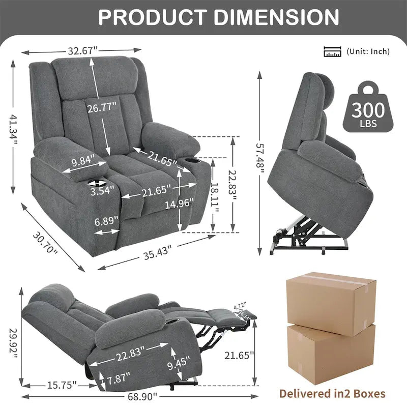Sillón reclinable elevador eléctrico de terciopelo blanco/gris con copo de nieve y reposapiés extendido – Individual