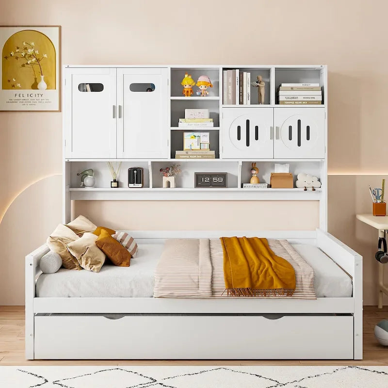 Sofá cama de madera blanca con nido, tamaño individual, capacidad para 2 personas
