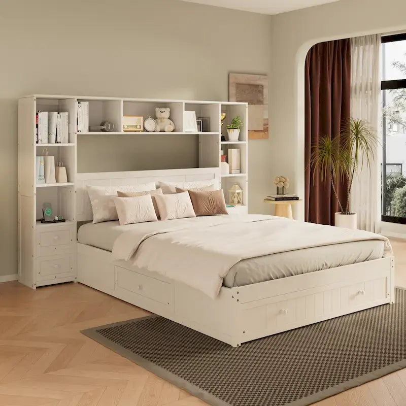 Cama Blanca de Plataforma Completa con Almacenamiento, Mesitas de Noche, Cajones y Estantería