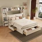 Cama Blanca de Plataforma Completa con Almacenamiento, Mesitas de Noche, Cajones y Estantería