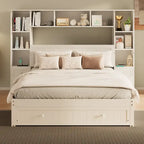 Cama Blanca de Plataforma Completa con Almacenamiento, Mesitas de Noche, Cajones y Estantería