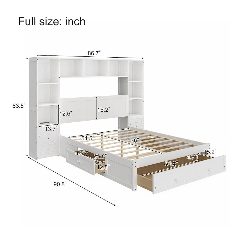 Cama Blanca de Plataforma Completa con Almacenamiento, Mesitas de Noche, Cajones y Estantería