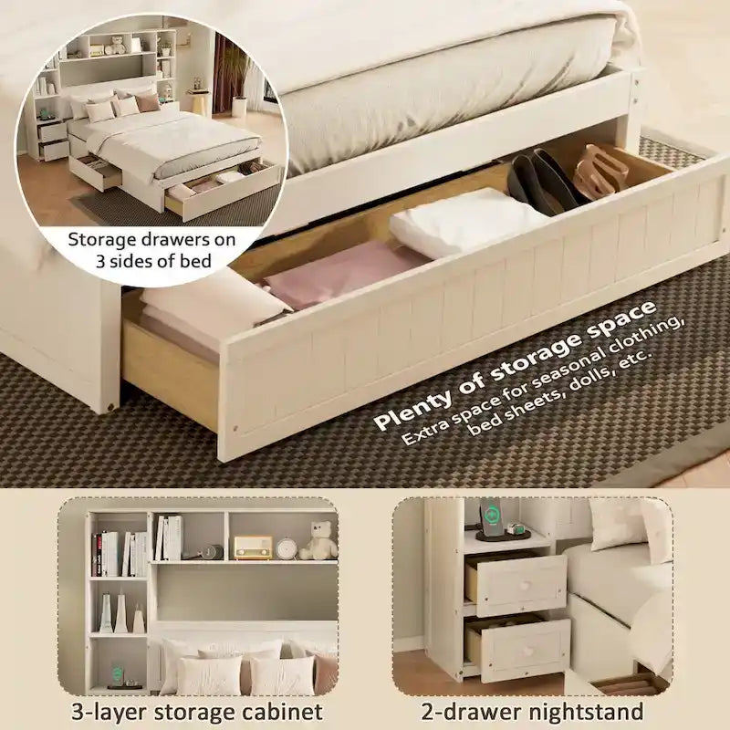 Cama Blanca de Plataforma Completa con Almacenamiento, Mesitas de Noche, Cajones y Estantería