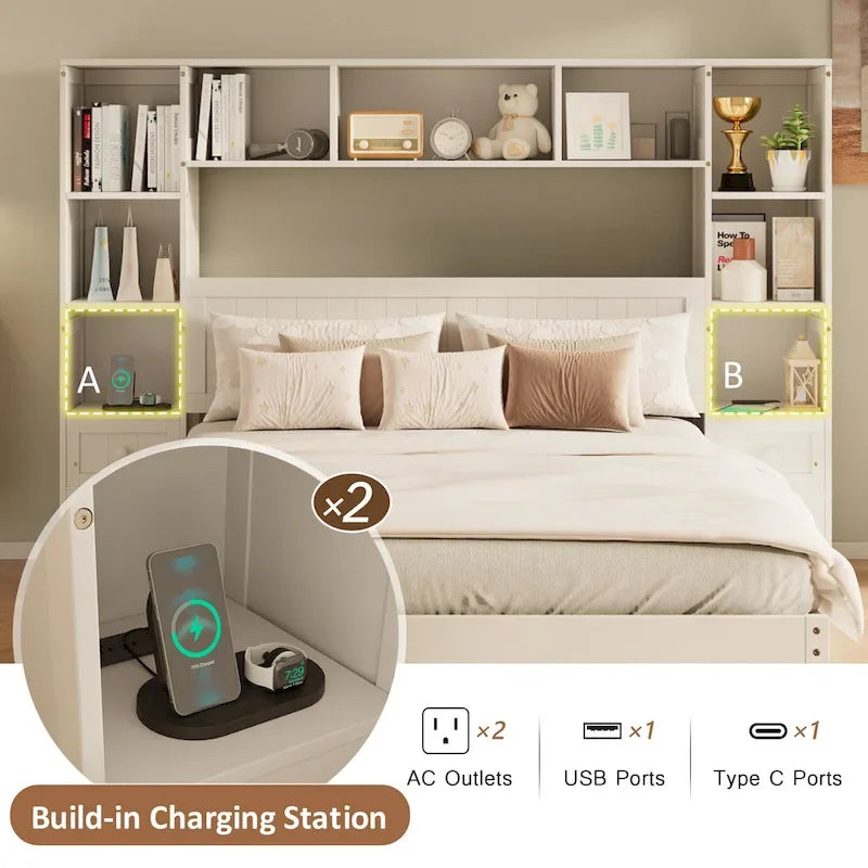 Cama Blanca de Plataforma Completa con Almacenamiento, Mesitas de Noche, Cajones y Estantería