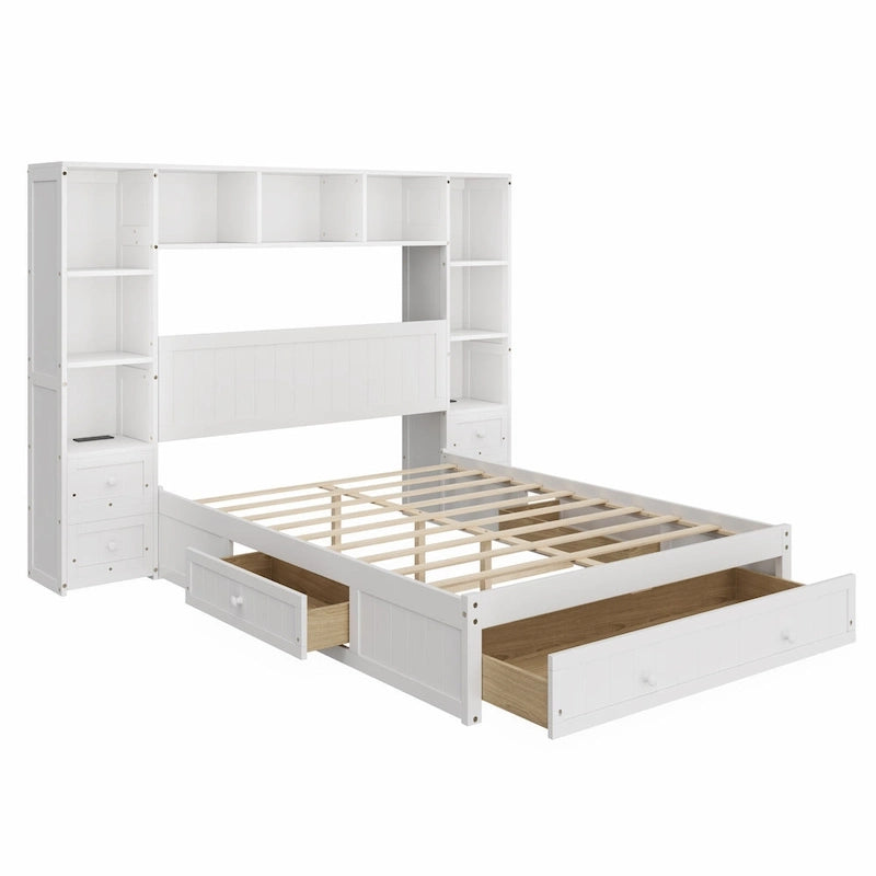Cama Blanca de Plataforma Completa con Almacenamiento, Mesitas de Noche, Cajones y Estantería