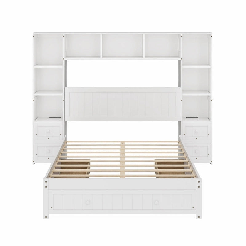 Cama Blanca de Plataforma Completa con Almacenamiento, Mesitas de Noche, Cajones y Estantería