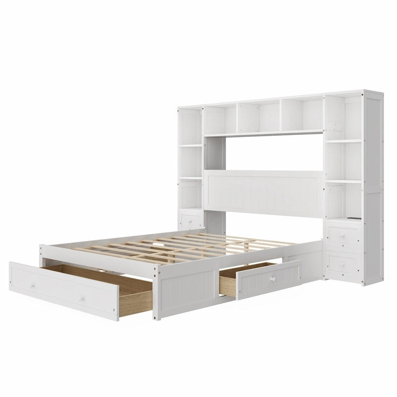 Cama Blanca de Plataforma Completa con Almacenamiento, Mesitas de Noche, Cajones y Estantería