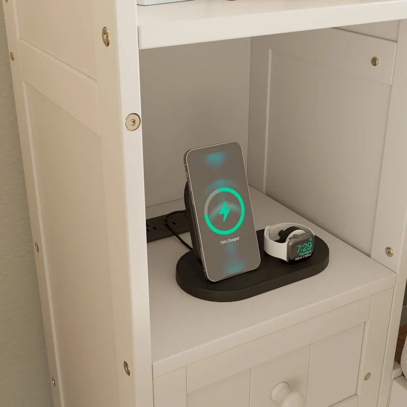 Cama Blanca de Plataforma Completa con Almacenamiento, Mesitas de Noche, Cajones y Estantería