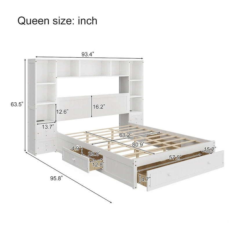 Cama Blanca de Plataforma Completa con Almacenamiento, Mesitas de Noche, Cajones y Estantería