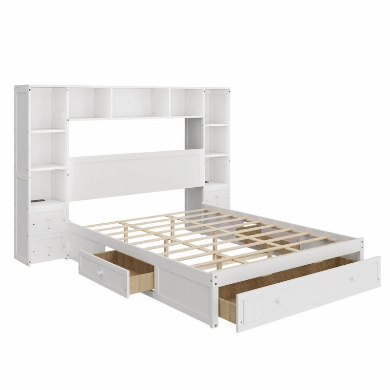 Cama Blanca de Plataforma Completa con Almacenamiento, Mesitas de Noche, Cajones y Estantería