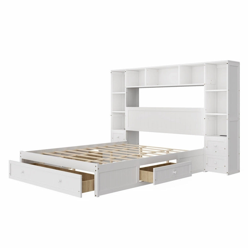 Cama Blanca de Plataforma Completa con Almacenamiento, Mesitas de Noche, Cajones y Estantería