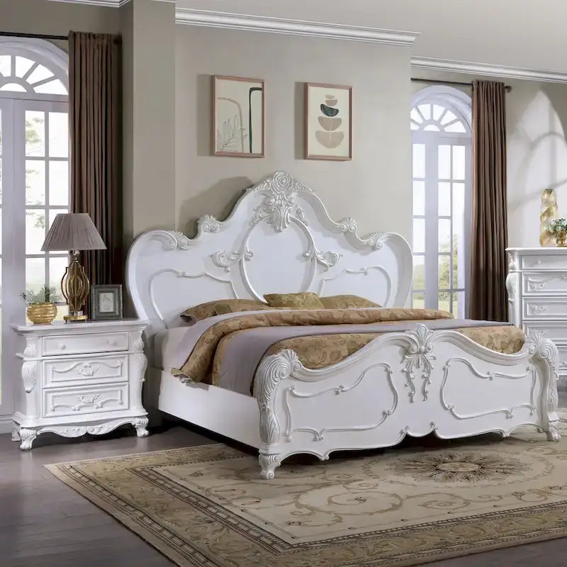 Juego de cama con dosel tradicional y 2 mesitas de noche – Blanco / Cerezo oscuro – King / Queen