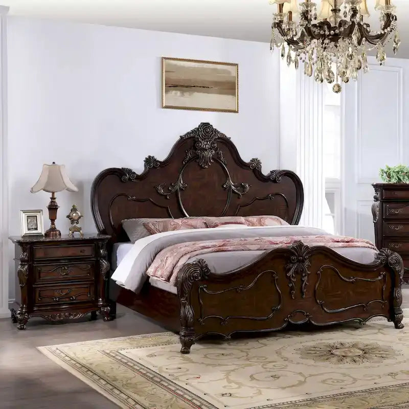 Juego de cama con dosel tradicional y 2 mesitas de noche – Blanco / Cerezo oscuro – King / Queen